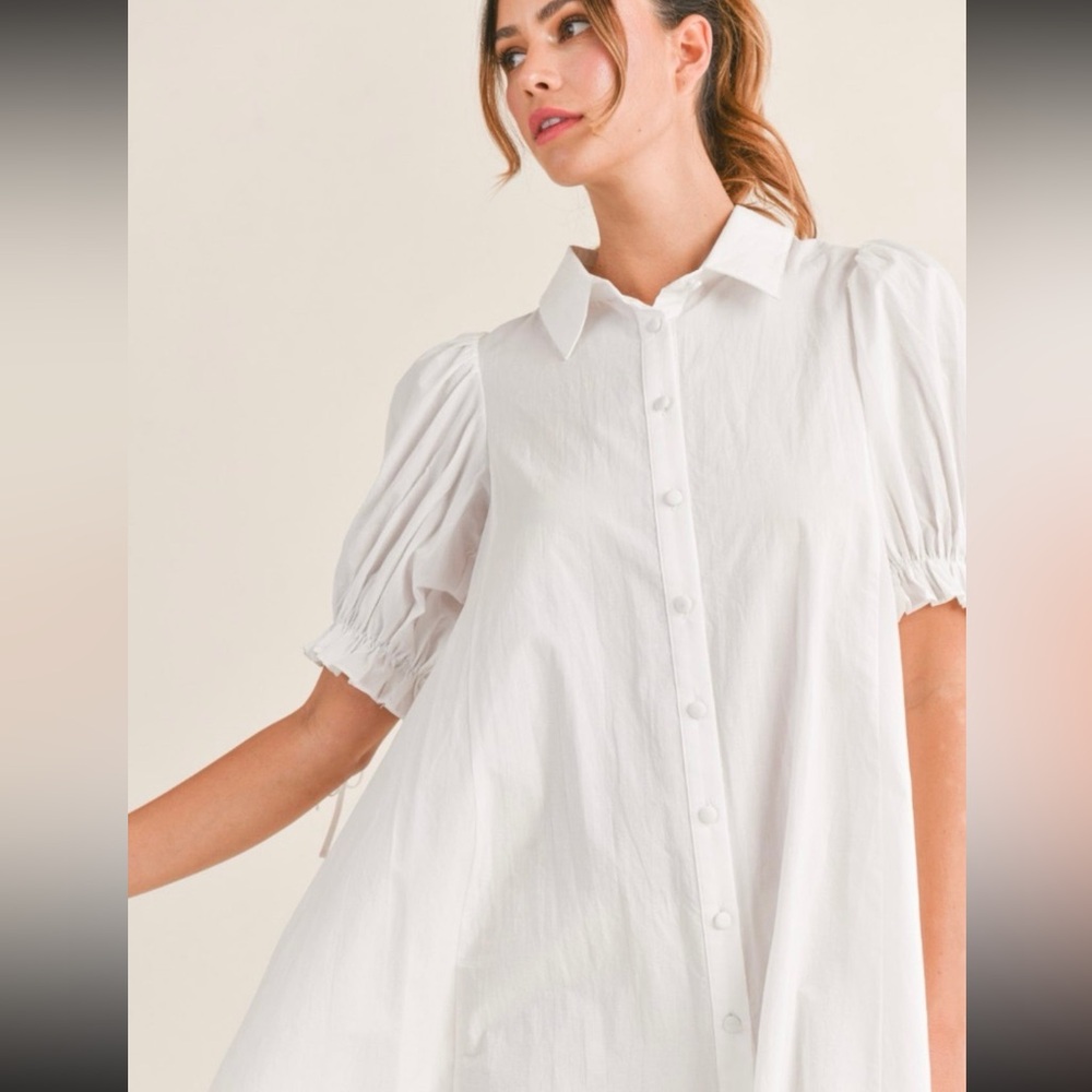 White Button Up Mini Dress with puffy sleeves - Picture 3 of 3